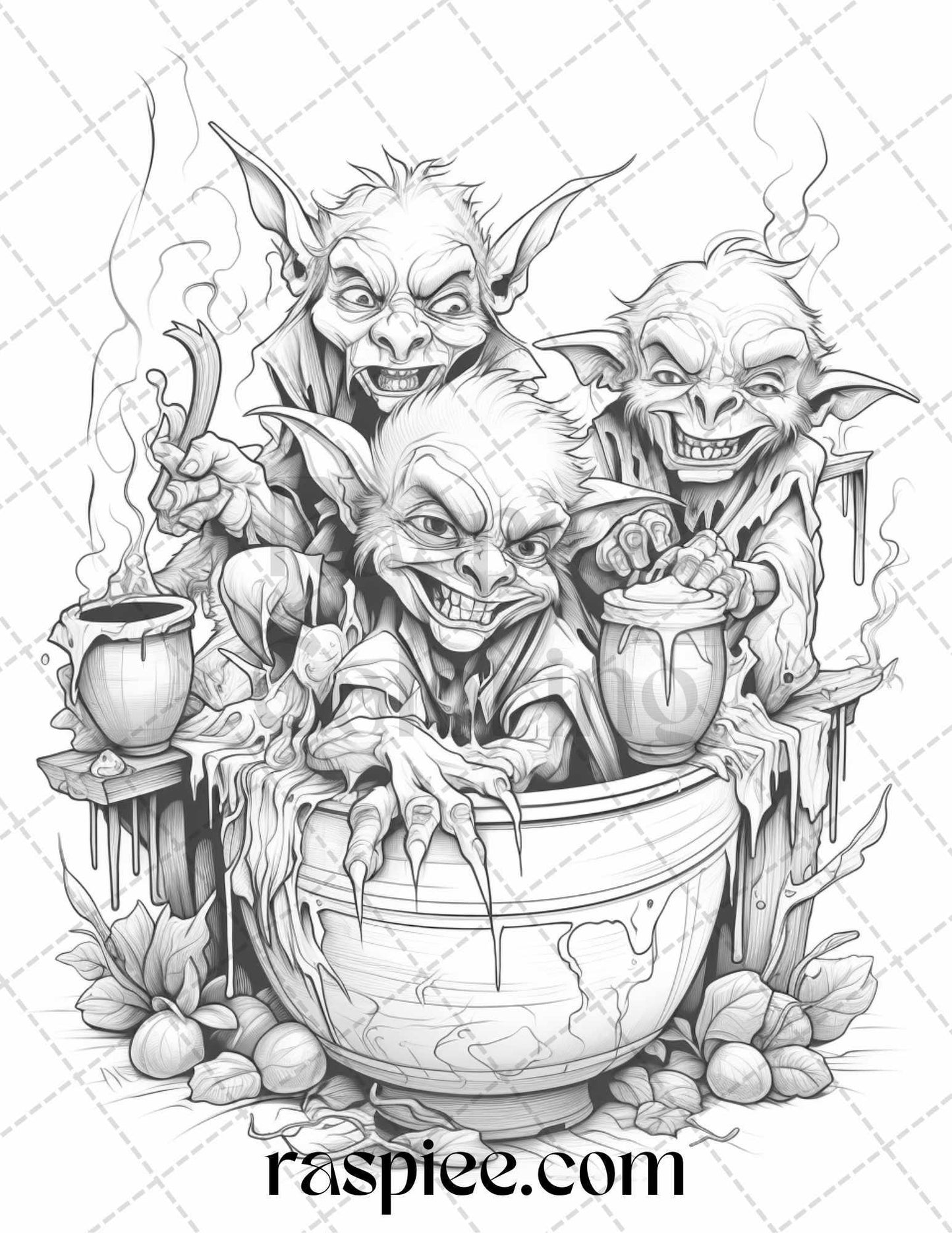 50 Halloween Goblin Grayscale Coloring Pages Printable for Adults, PDF File Instant Download
