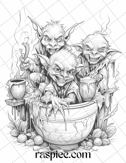 50 Halloween Goblin Grayscale Coloring Pages Printable for Adults, PDF File Instant Download