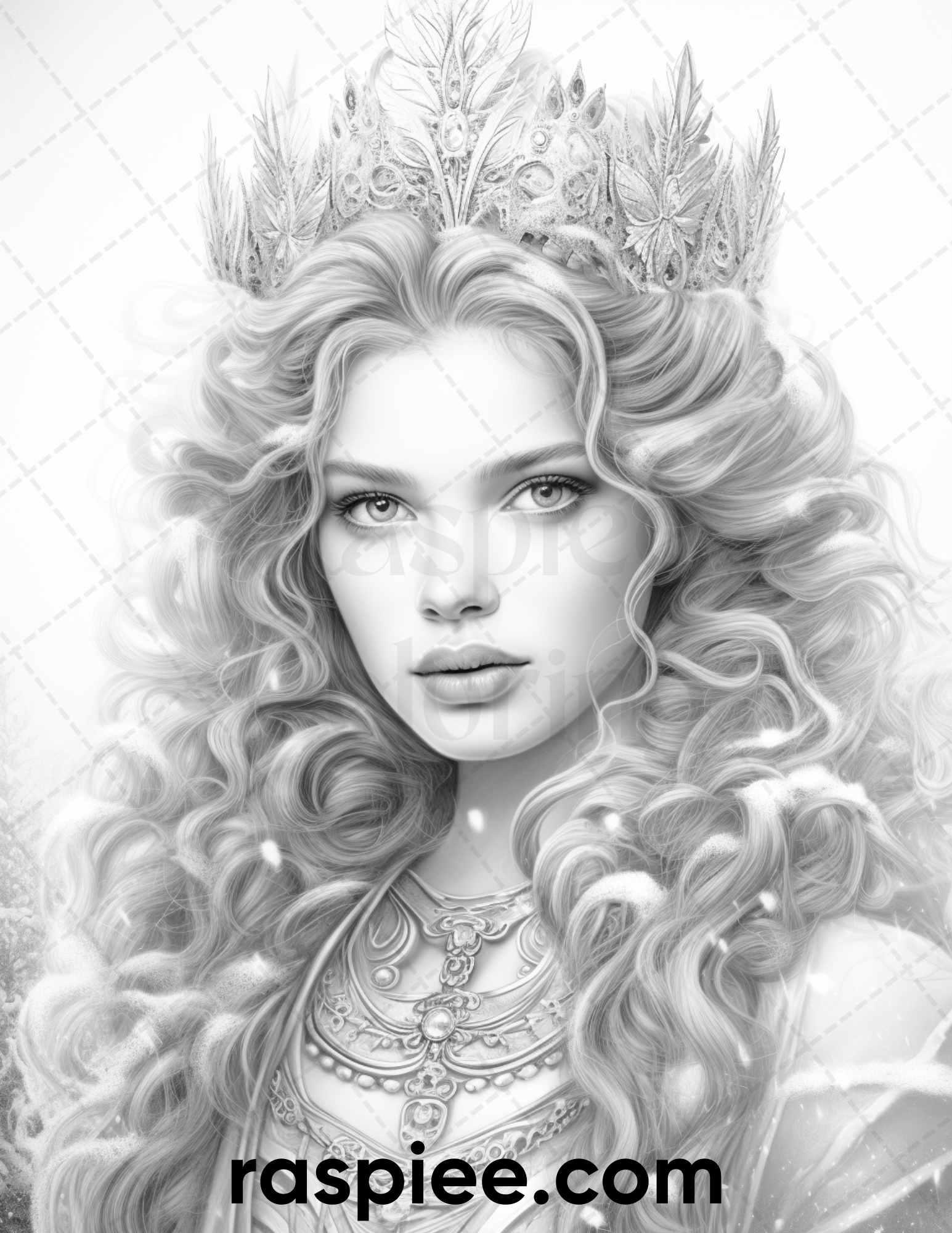 50 Winter Queens Portrait Grayscale Coloring Pages Printable for Adults, PDF File Instant Download