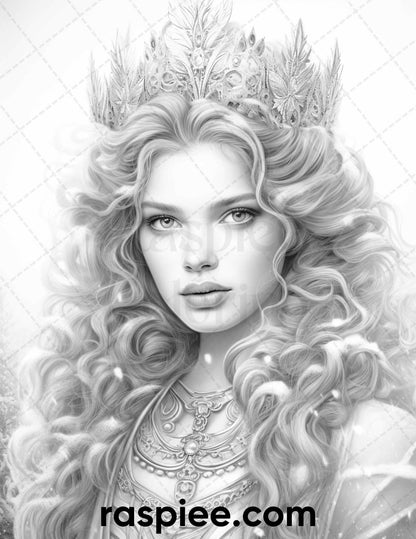 50 Winter Queens Portrait Grayscale Coloring Pages Printable for Adults, PDF File Instant Download
