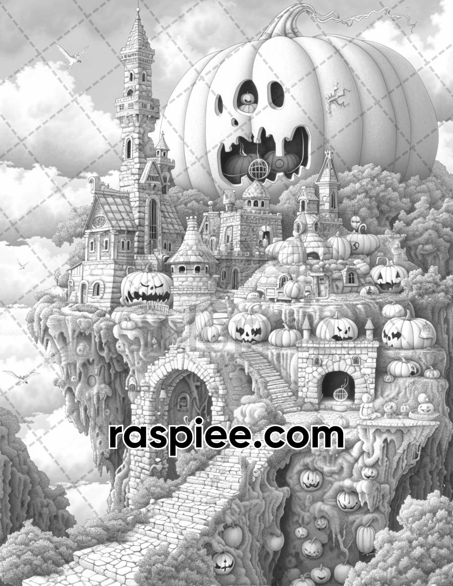 65 Fantasy Pumpkin Village Grayscale Adult Coloring Pages, Printable PDF Instant Download