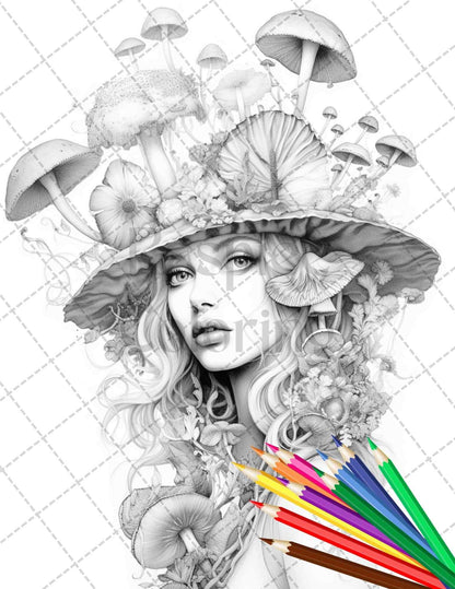 50 Mushroom Fairy Grayscale Coloring Pages Printable for Adults, PDF File Instant Download