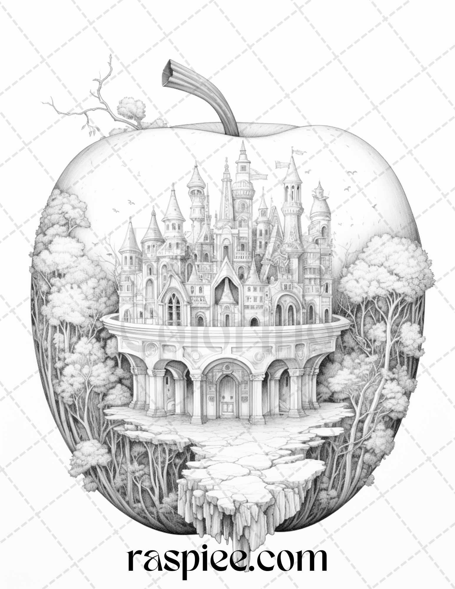 60 Miniworld in the Apple Grayscale Coloring Pages Printable for Adults, PDF File Instant Download