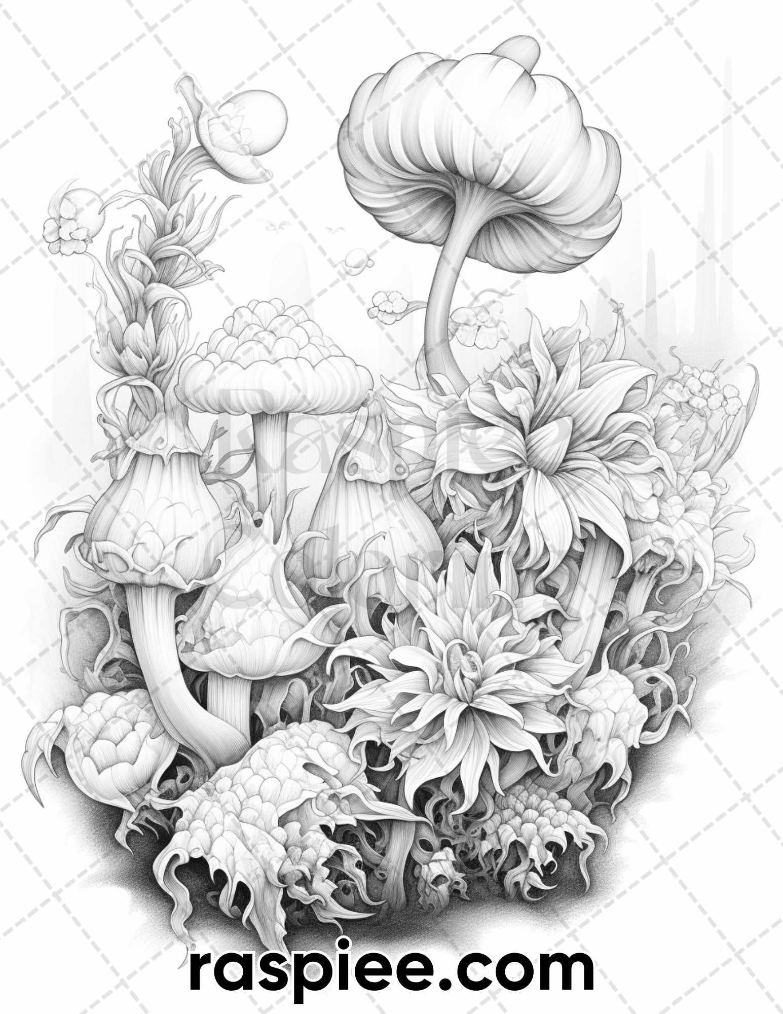 55 Fantasy Flowers Grayscale Coloring Pages for Adults, Printable PDF File Instant Download