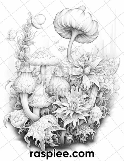 55 Fantasy Flowers Grayscale Coloring Pages for Adults, Printable PDF File Instant Download