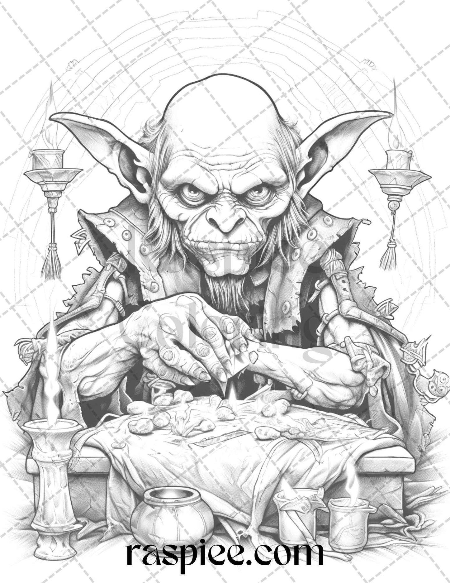 Fantasy Goblins Grayscale Coloring Pages Printable for Adults, PDF File Instant Download