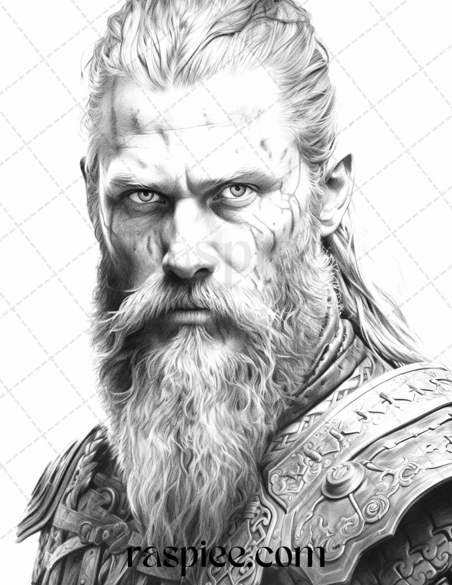55 Viking Warriors Portrait Grayscale Coloring Pages Printable for Adults, PDF File Instant Download