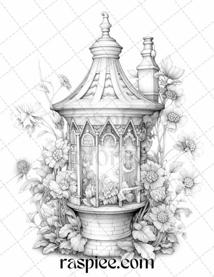 50 Lantern Fairy Houses Grayscale Coloring Pages Printable for Adults, PDF File Instant Download