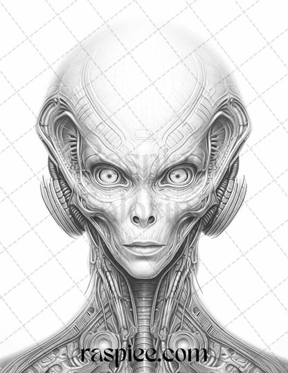 65 Alien Portrait Grayscale Coloring Pages for Adults, Printable PDF File Instant Download