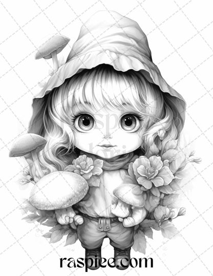 50 Flower Gnomes Grayscale Coloring Pages Printable for Adults Kids, PDF File Instant Download