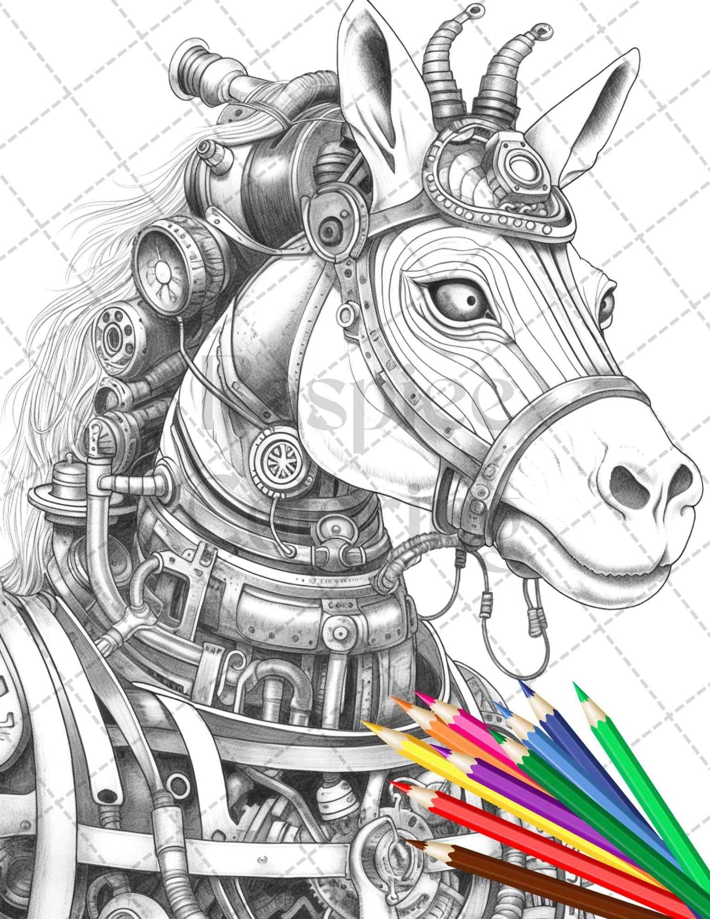 60 Steampunk Animals Grayscale Coloring Pages Printable for Adults, PDF File Instant Download