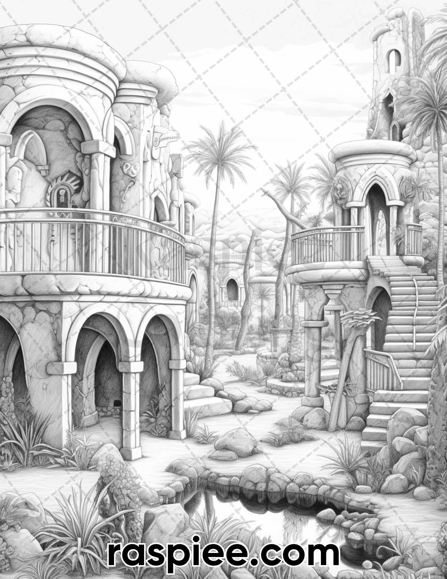 55 Desert Oasis Fairy Homes Grayscale Coloring Pages for Adults, Printable PDF Instant Download