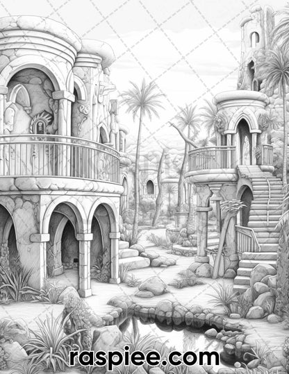 55 Desert Oasis Fairy Homes Grayscale Coloring Pages for Adults, Printable PDF Instant Download