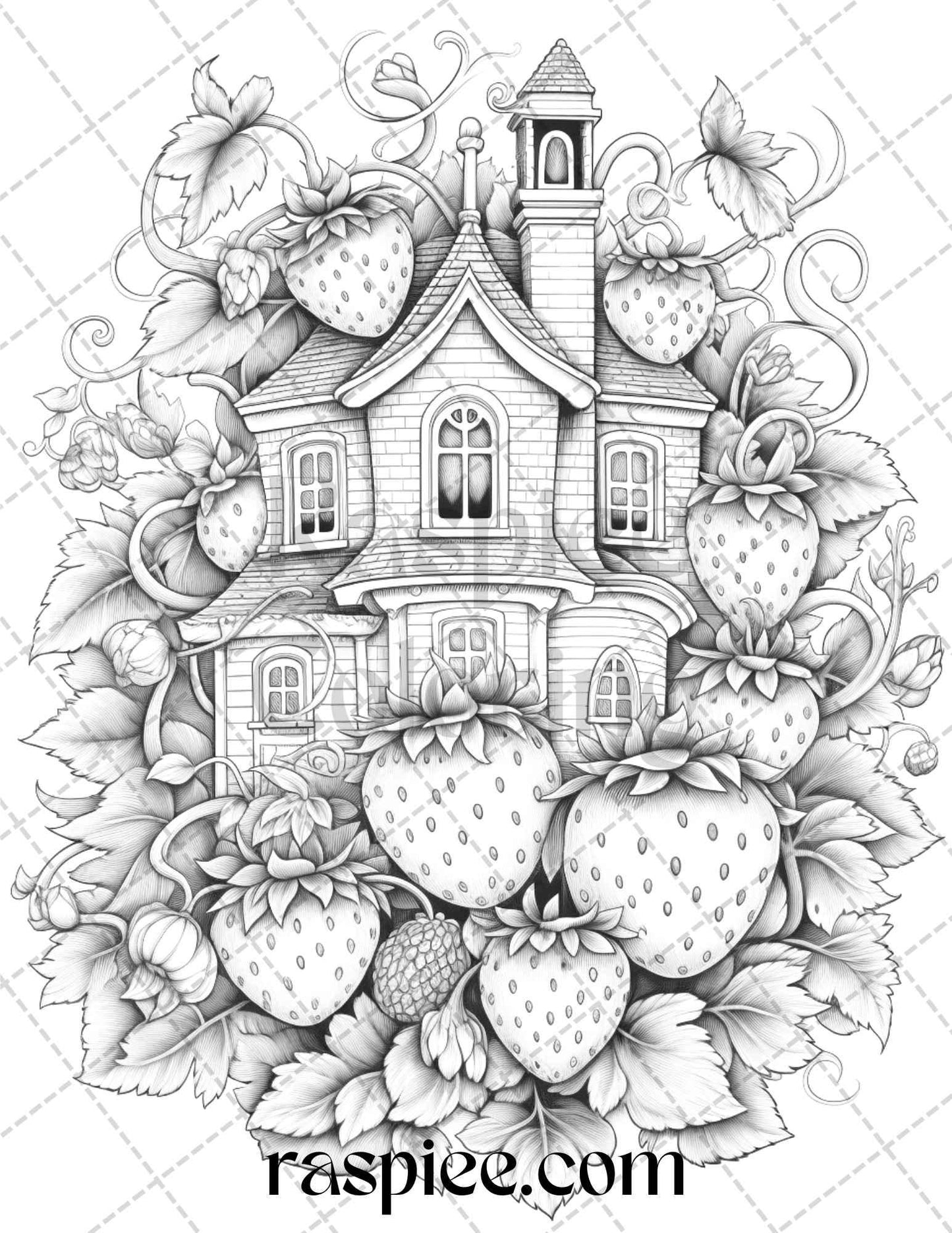 50 Strawberry Houses Grayscale Coloring Pages Printable for Adults Kids, PDF File Instant Download