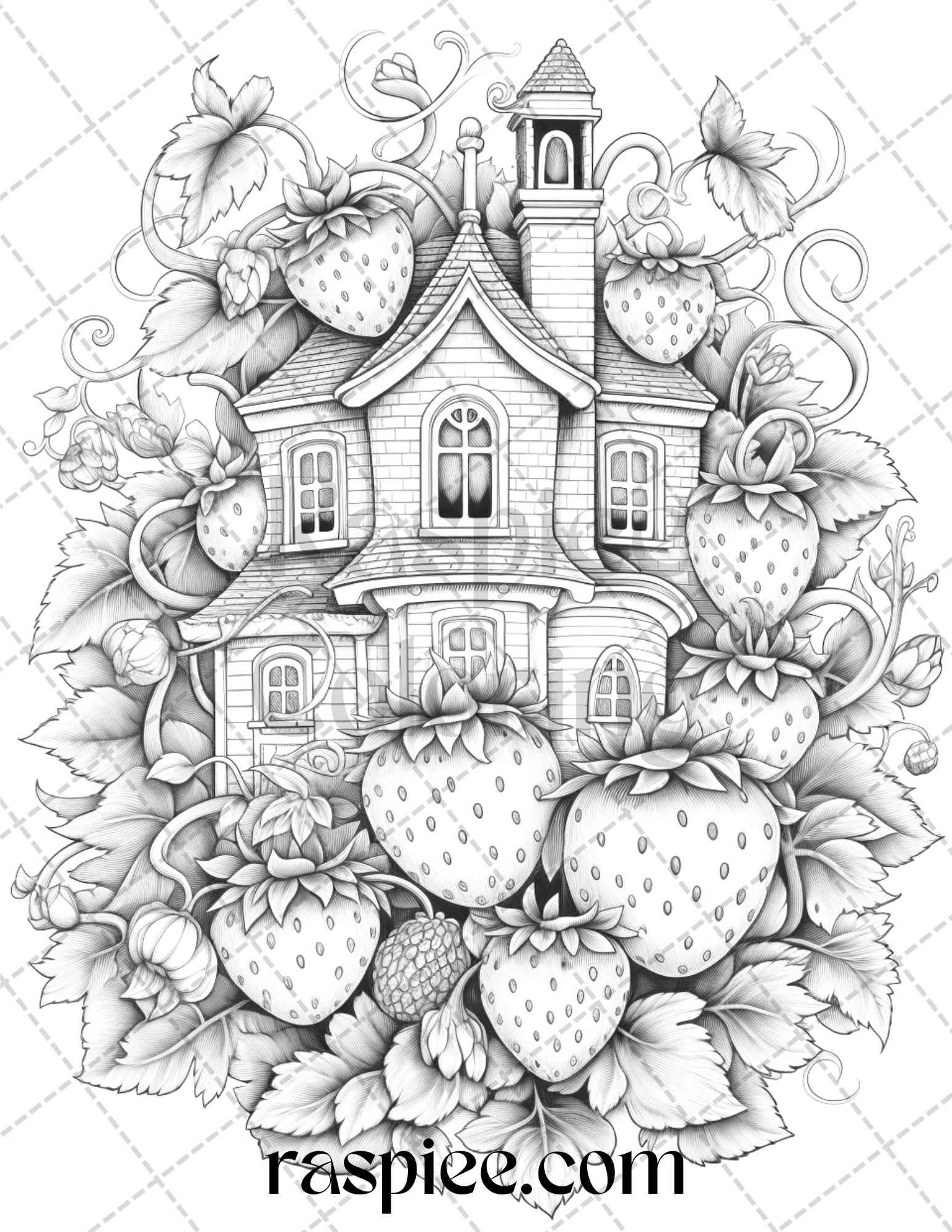 50 Strawberry Houses Grayscale Coloring Pages Printable for Adults Kids, PDF File Instant Download