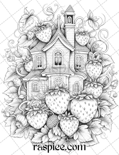 50 Strawberry Houses Grayscale Coloring Pages Printable for Adults Kids, PDF File Instant Download