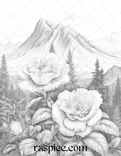 60 Mountain Flower Landscapes Grayscale Coloring Pages Printable for Adults, PDF File Instant Download
