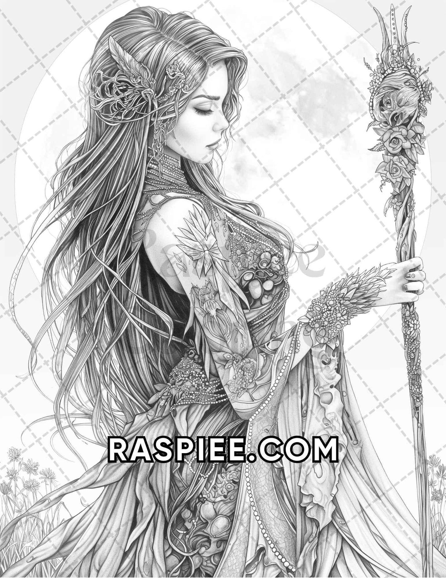 60 Fantasy Beauties Grayscale Adult Coloring Pages Printable PDF Instant Download