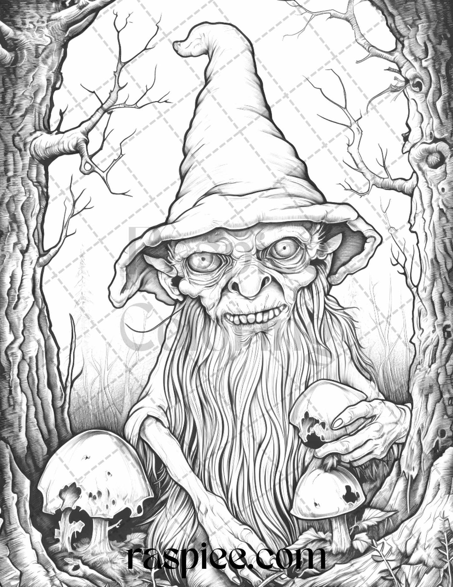 50 Horror Zombie Gnomes Grayscale Coloring Pages Printable for Adults, PDF File Instant Download