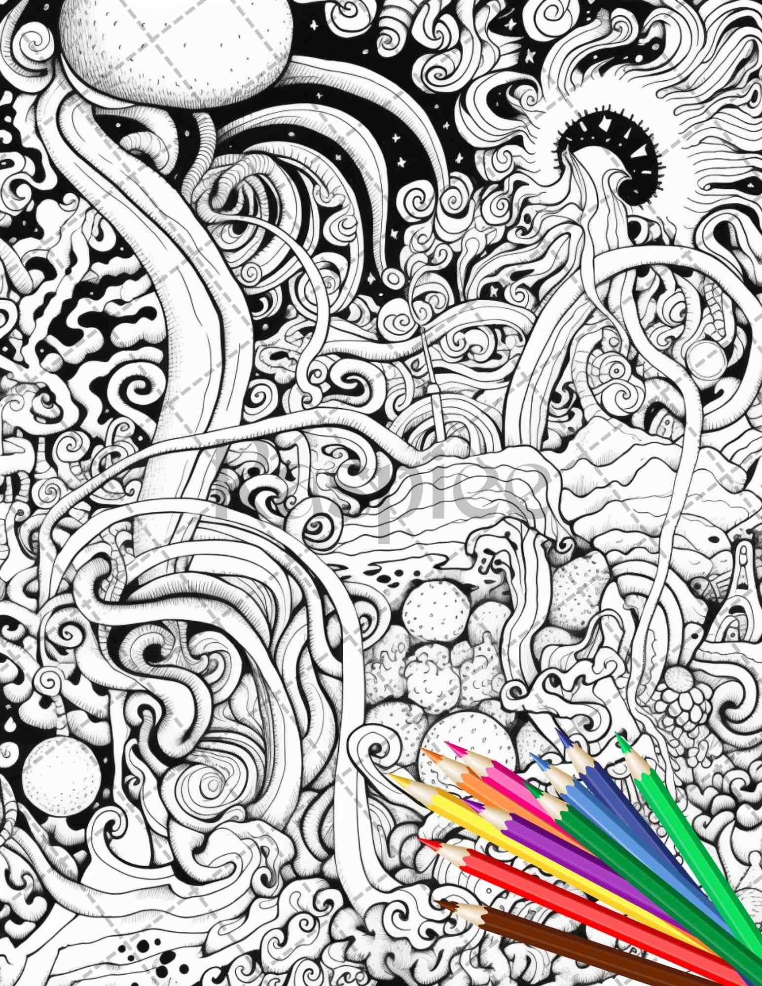 Psychedelic Trippy Coloring Book Printable for Adults, Grayscale Coloring Page, PDF File Instant Download