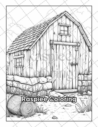 50 Country Farm Scenes Adult Coloring Pages Printable PDF Instant Download