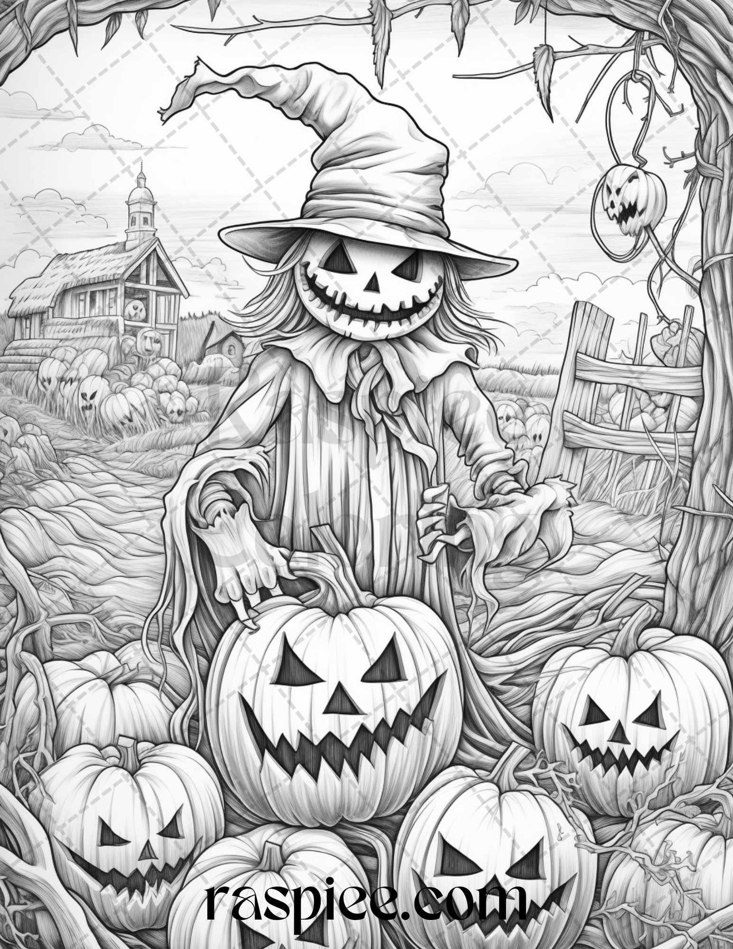 50 Halloween Scarecrows Grayscale Coloring Pages Printable for Adults, PDF File Instant Download