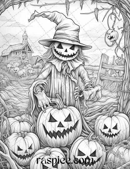 50 Halloween Scarecrows Grayscale Coloring Pages Printable for Adults, PDF File Instant Download