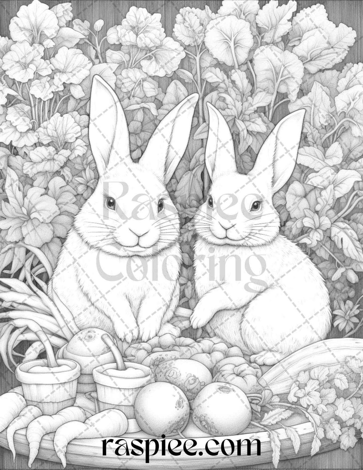 50 Rabbit Garden Grayscale Coloring Pages Printable for Adults, PDF File Instant Download