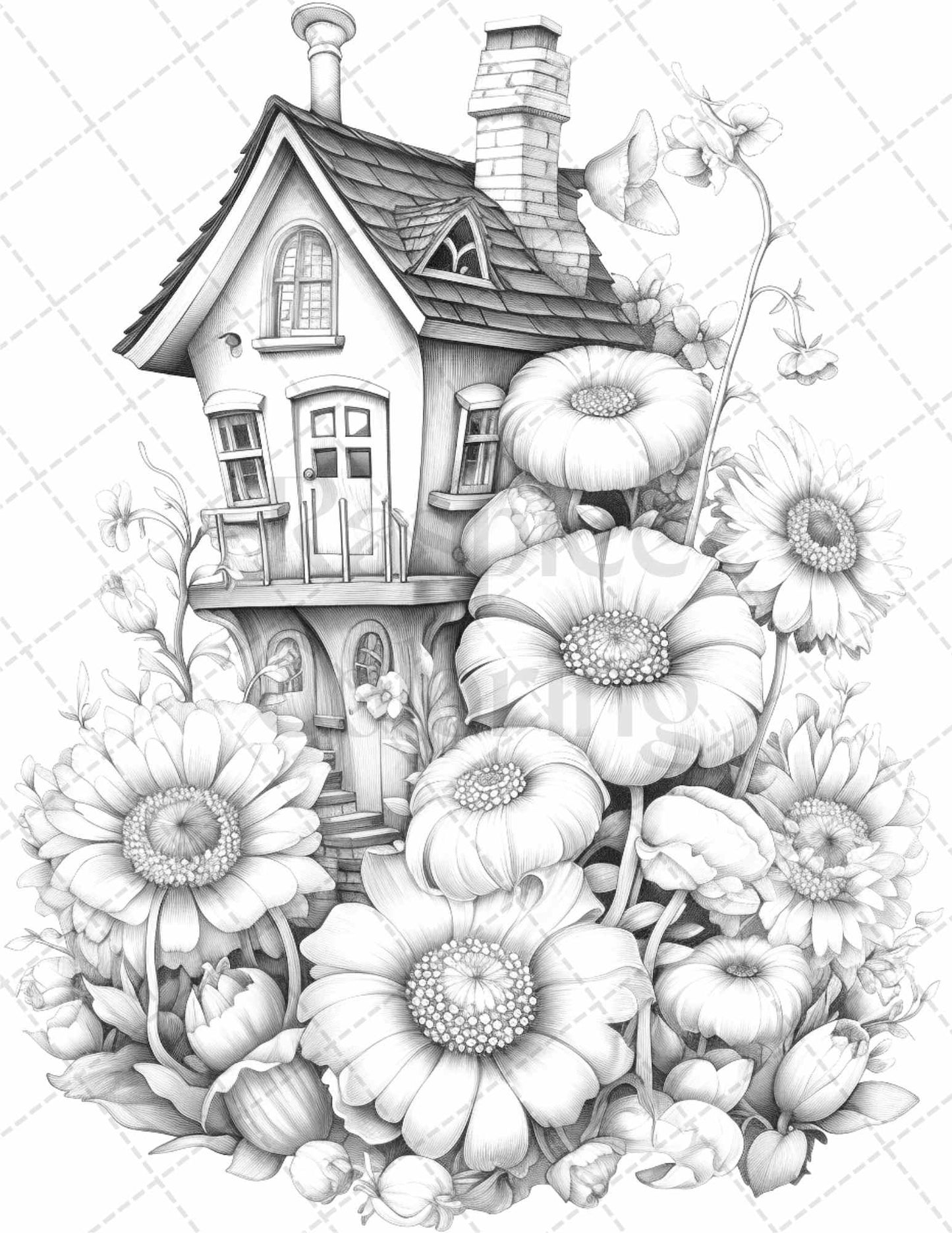60 Flower Houses Grayscale Coloring Pages Printable for Adults, PDF File Instant Download