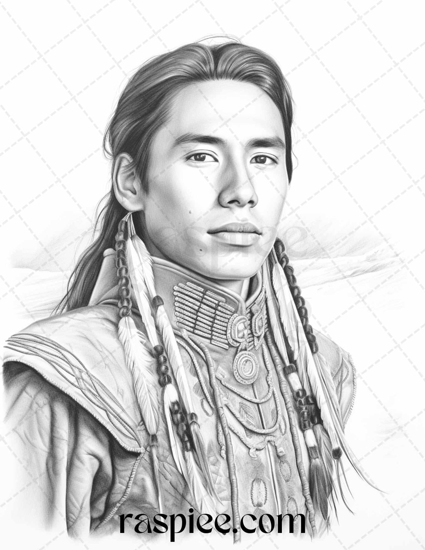 Native American Portrait Grayscale Coloring Pages Printable for Adults, PDF File Instant Download