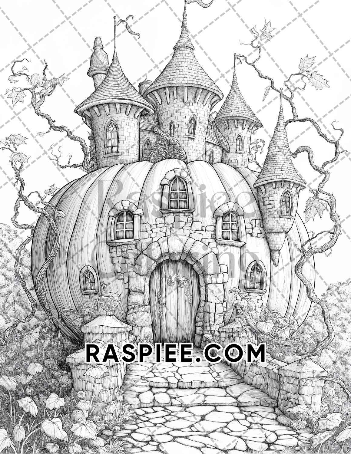 Fantasy Giant Pumpkin Castles Adult Coloring Pages Printable PDF Instant Download