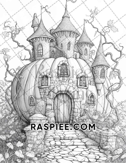Fantasy Giant Pumpkin Castles Adult Coloring Pages Printable PDF Instant Download
