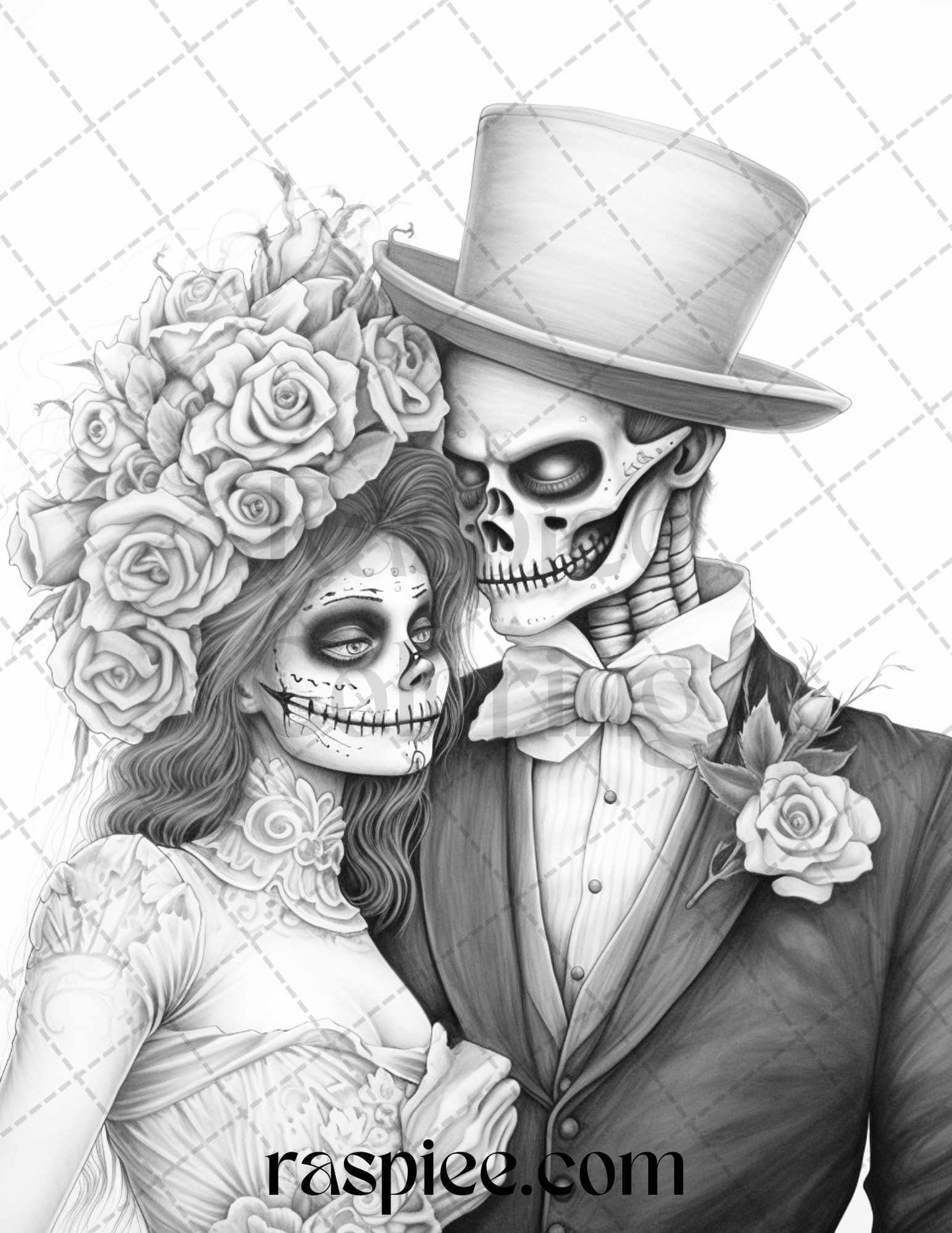 50 Day of the Dead Grayscale Coloring Pages Printable for Adults, PDF File Instant Download