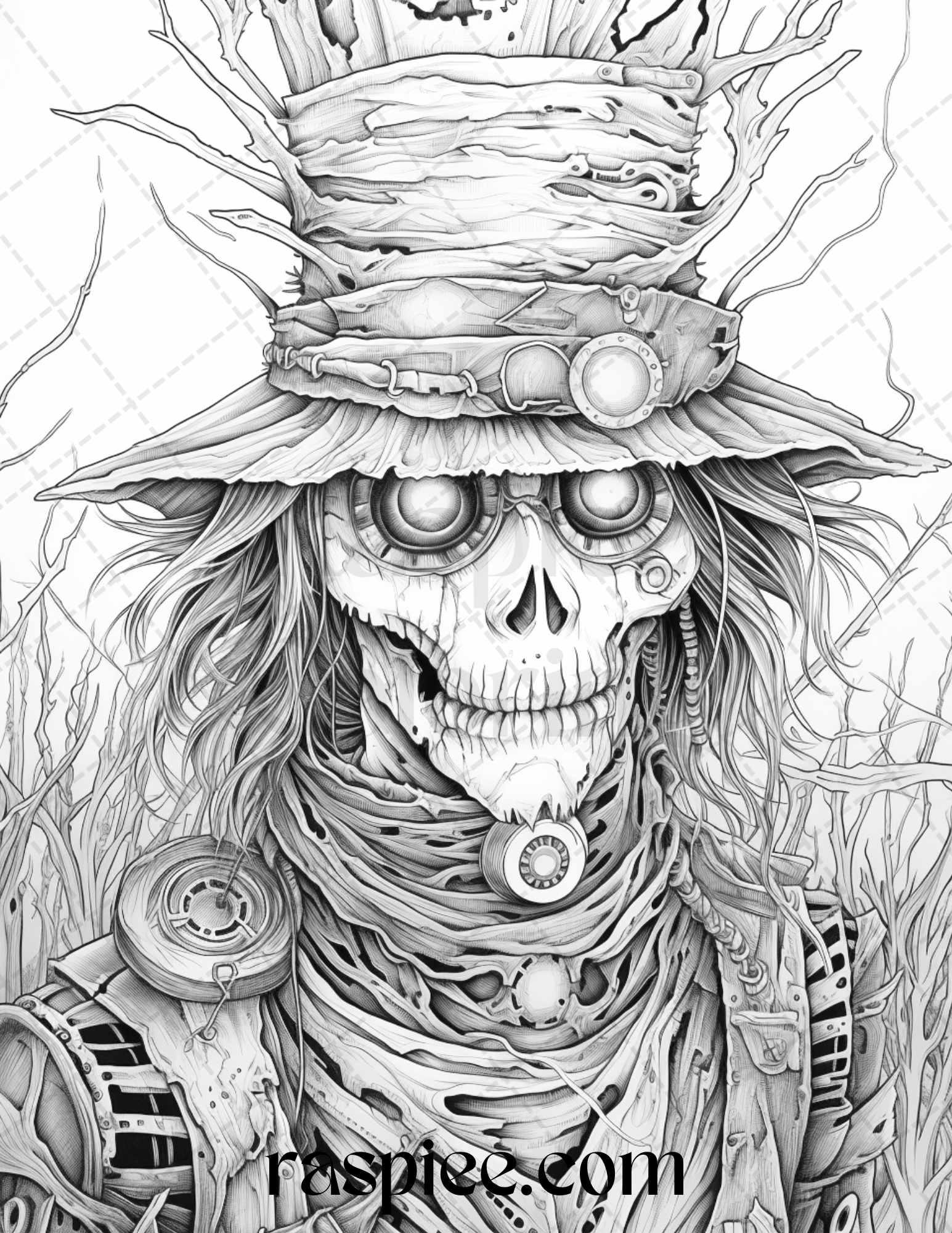 53 Scary Steampunk Scarecrows Grayscale Coloring Pages Printable for Adults, PDF File Instant Download