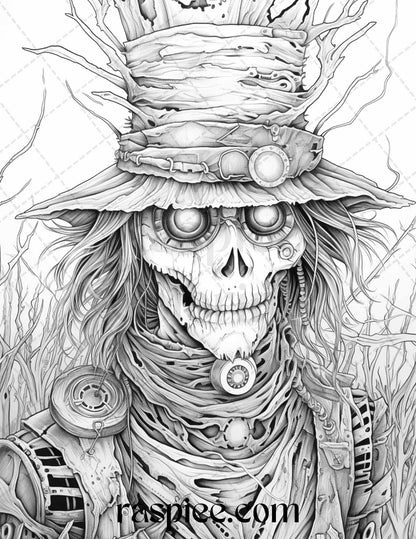 53 Scary Steampunk Scarecrows Grayscale Coloring Pages Printable for Adults, PDF File Instant Download