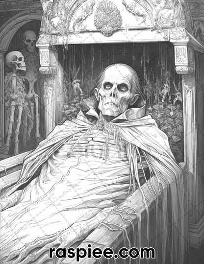 50 Count Dracula Grayscale Coloring Pages Printable for Adults, PDF File Instant Download