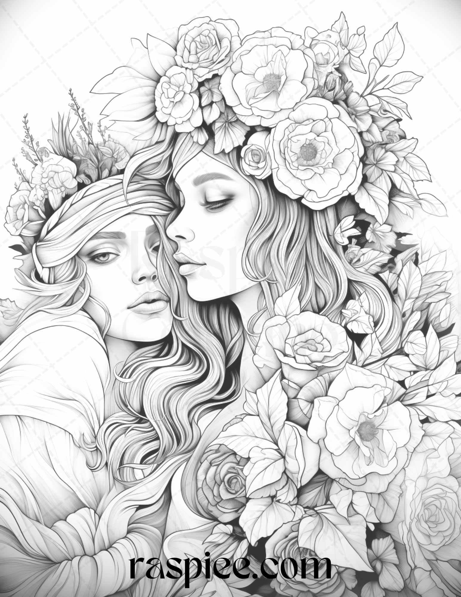 50 Romantic Couple Flowers Grayscale Coloring Pages Printable for Adults, PDF File Instant Download