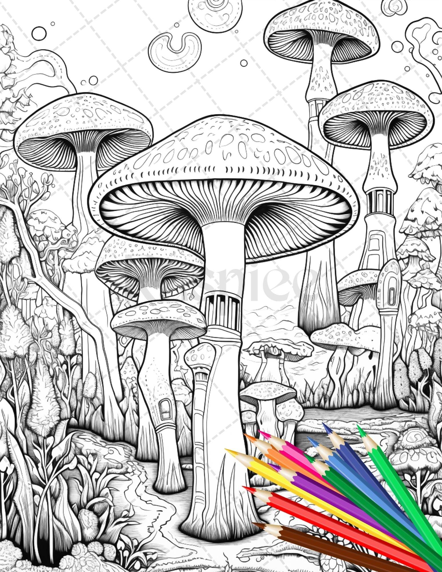 Psychedelic Mushroom Forest Coloring Book Printable for Adults, Trippy Grayscale Coloring Page, PDF File Instant Download