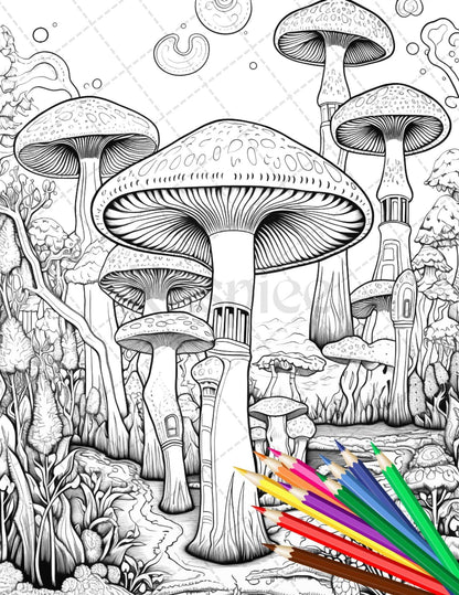 Psychedelic Mushroom Forest Coloring Book Printable for Adults, Trippy Grayscale Coloring Page, PDF File Instant Download