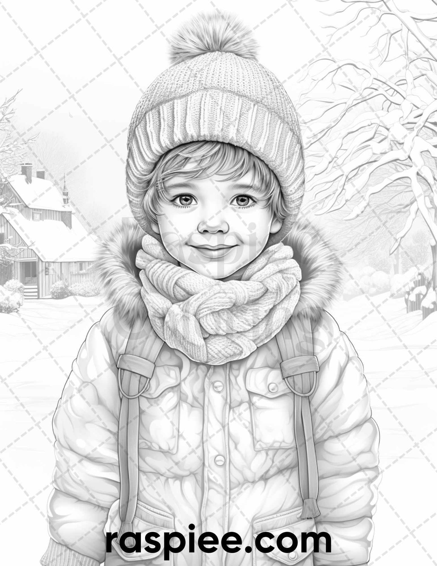 50 Baby Winter Portrait Grayscale Coloring Pages Printable for Adults, PDF File Instant Download
