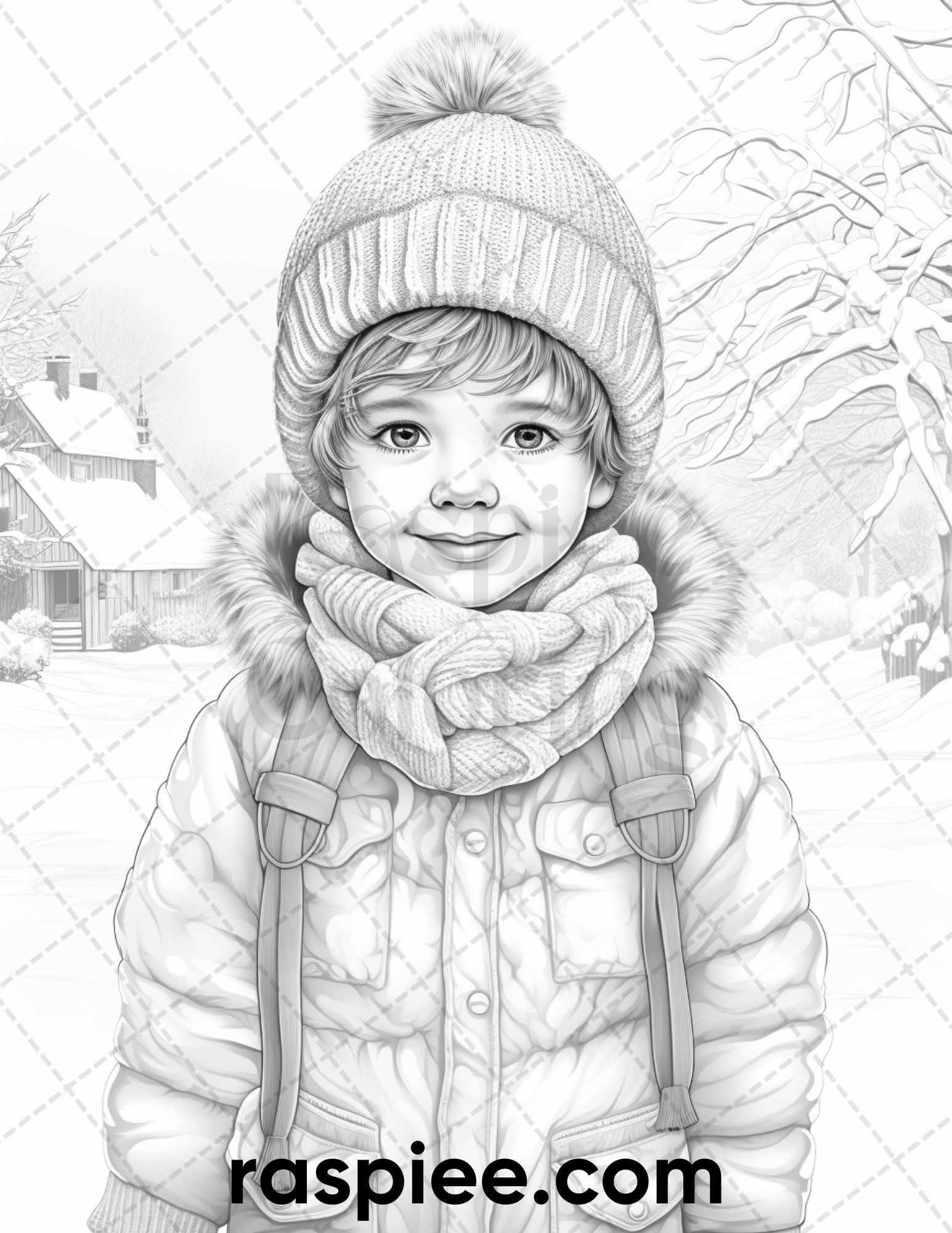 50 Baby Winter Portrait Grayscale Coloring Pages Printable for Adults, PDF File Instant Download
