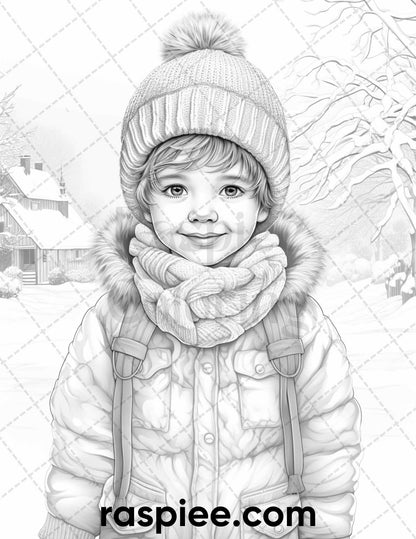 50 Baby Winter Portrait Grayscale Coloring Pages Printable for Adults, PDF File Instant Download