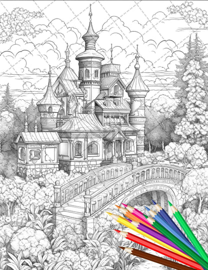 122 Fantasy Castles Coloring Book for Adults, Grayscale Coloring Page, Printable PDF Instant Download