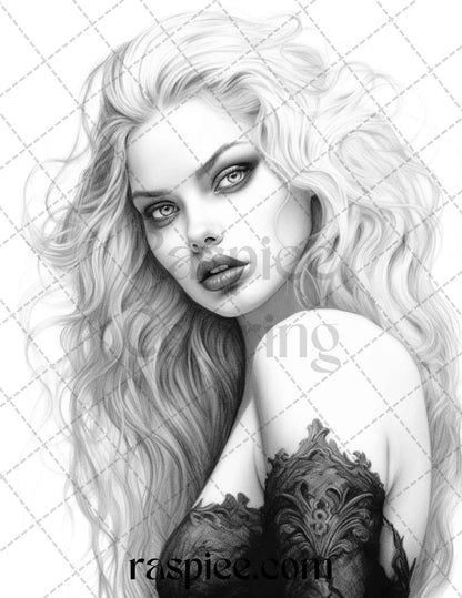 Bewitching Vampires Grayscale Coloring Pages Printable for Adults, PDF File Instant Download