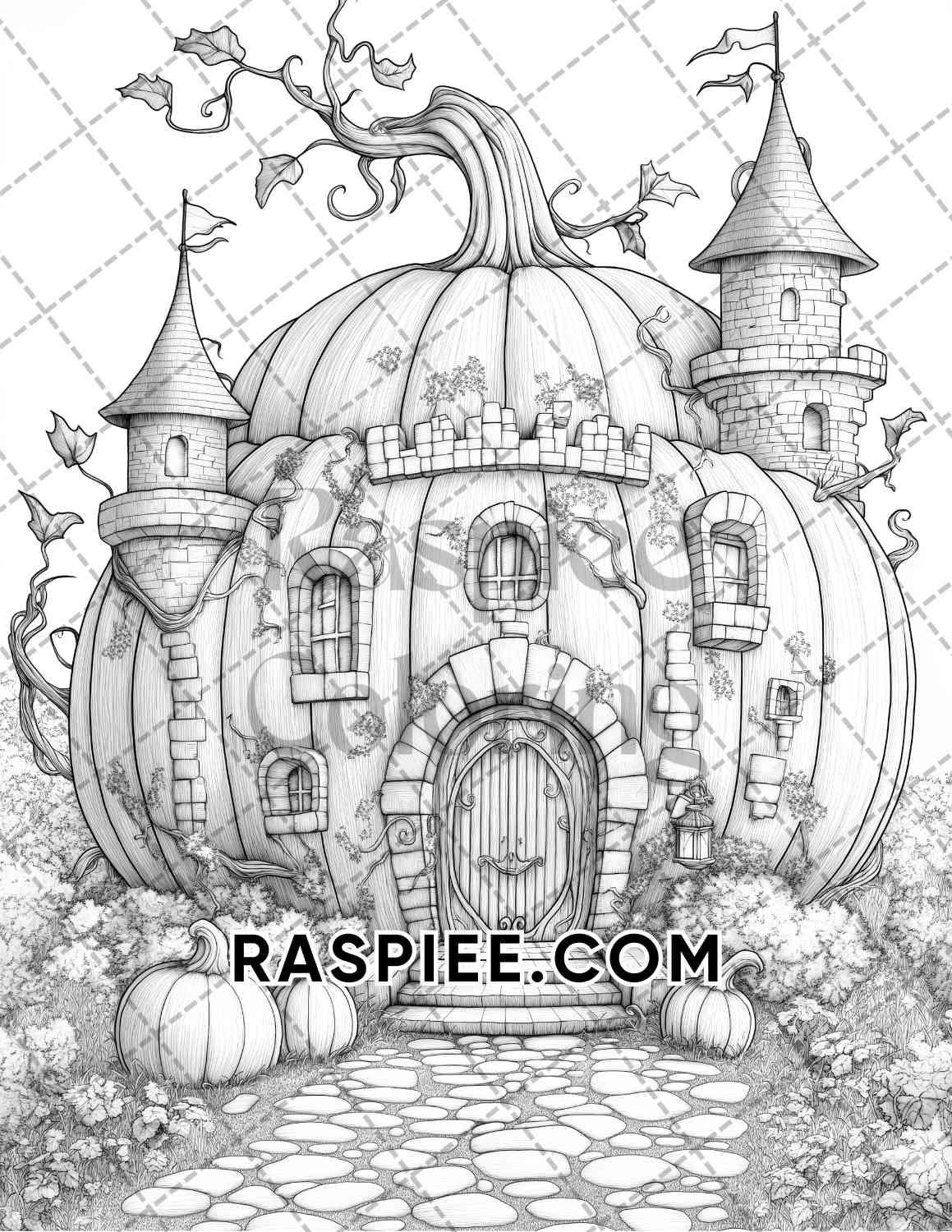 Fantasy Giant Pumpkin Castles Adult Coloring Pages Printable PDF Instant Download