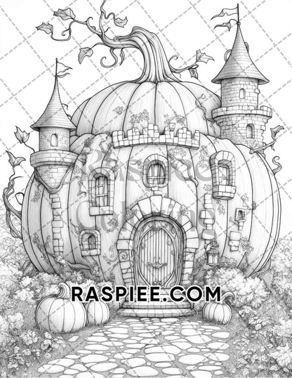 Fantasy Giant Pumpkin Castles Adult Coloring Pages Printable PDF Instant Download