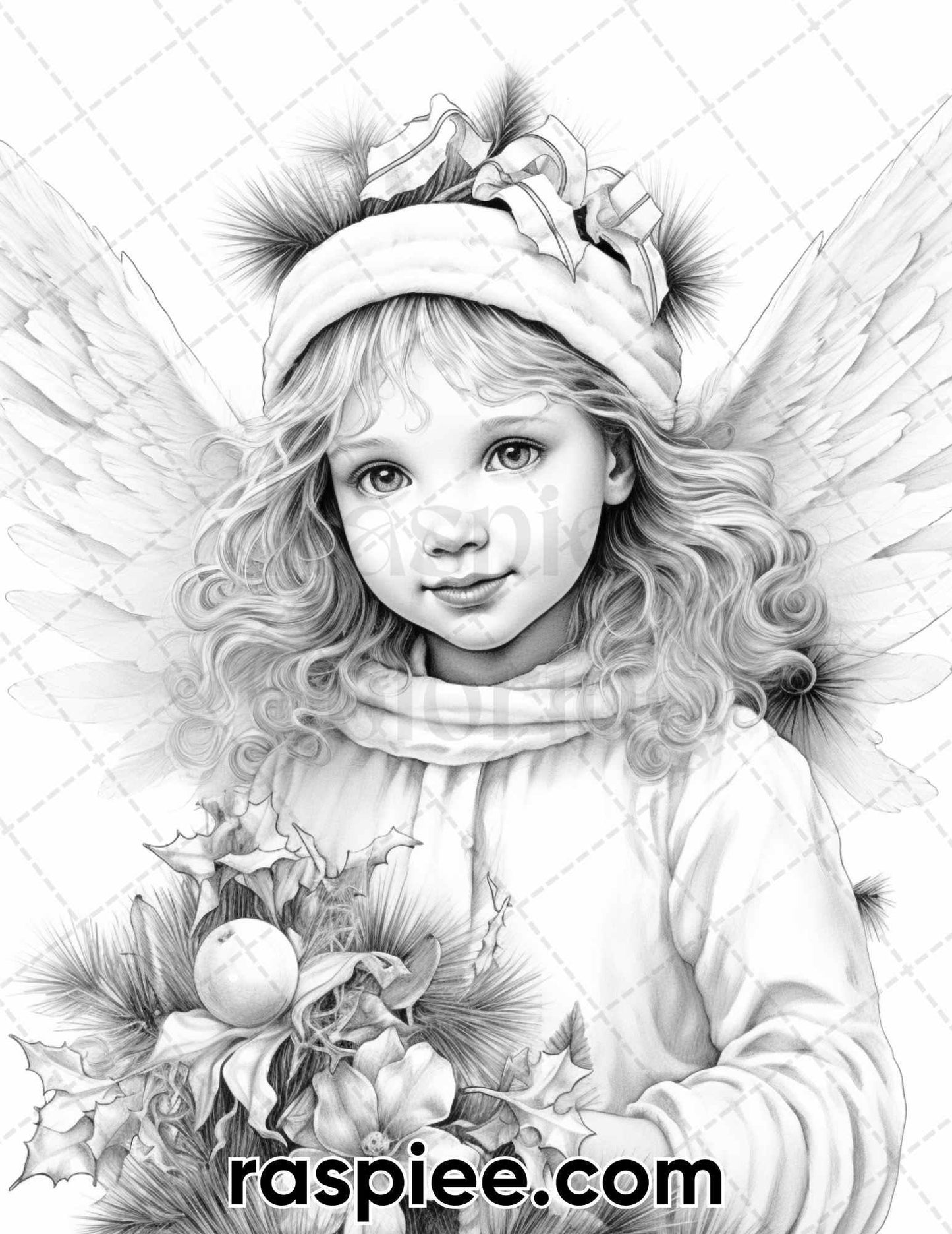 55 Christmas Angel Grayscale Coloring Pages for Adults, Printable PDF Instant Download