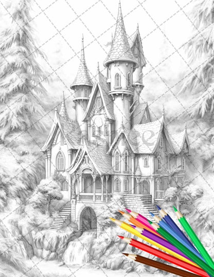 63 Winter Fairy Houses Grayscale Coloring Pages Printable for Adults, PDF File Instant Download