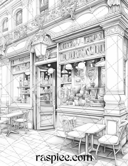 50 Cozy Coffee Shop Grayscale Coloring Pages Printable for Adults, PDF File Instant Download