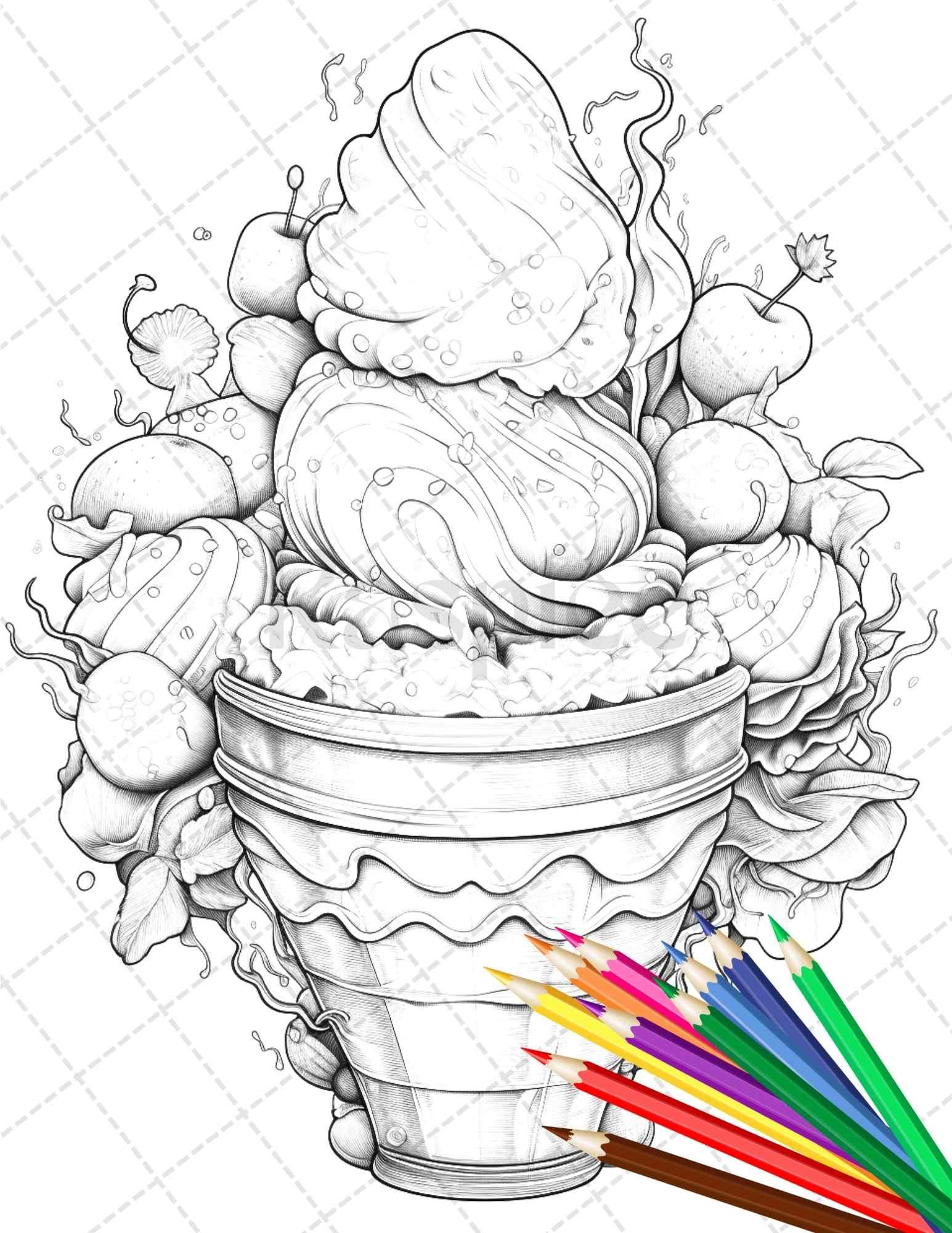 52 Printable Ice Cream Desserts Coloring Pages for Adults and Kids, Grayscale Coloring Page, PDF File Instant Download